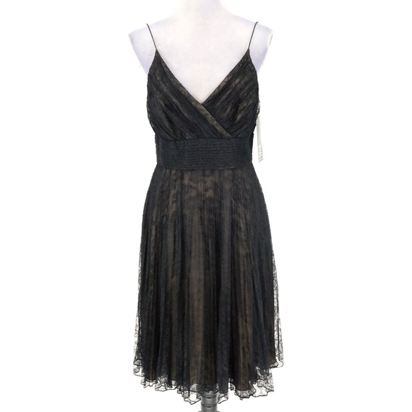 Carmen Marc Valvo Dress Womens 8 Black Lace Zip Silk Lined Strappy Fit Flare New - Picture 1 of 15